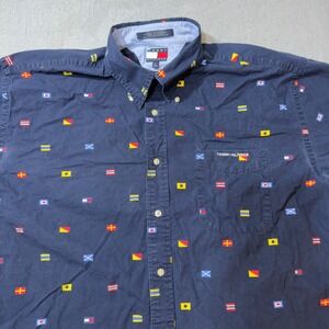 Tommy Hilfiger Mens XL Navy Blue Nautical Signal Flag Short Sleeve Button Shirt